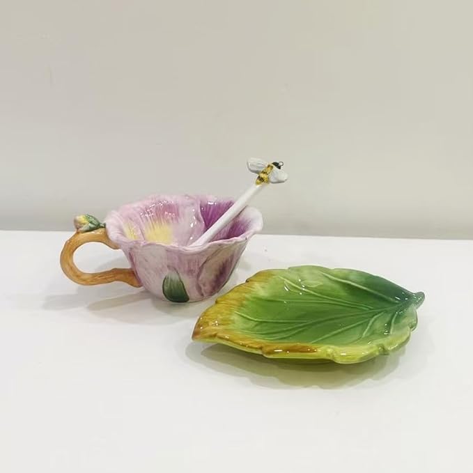 Ceramic Pansy Coffee Cup and Saucer Set with Spoon，6OZ 3D Hand-Painted Flower Tea Mug，Gift for Women (Lilac)