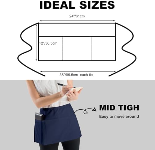 PLOYMONO 3P Navy Blue Server Apron with 3 Pocket,Short Waist Waitress Apron | Polyester Short Waiter Apron with 3 Deep Pockets, Great for Restaurant Servers, Bartenders, Hosts, Baristas - Image 4