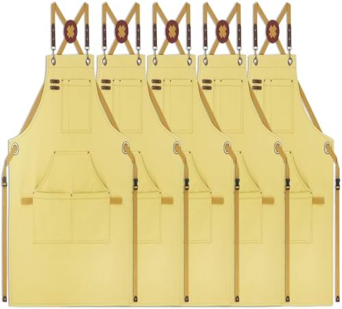 5 Pack Kitchen Apron, Work Apron, Canvas Apron, Amber | Multiple Pockets, Gardening, Painting, BBQ, Artist, Carpenter, Sizes M to XXL by Stenffy