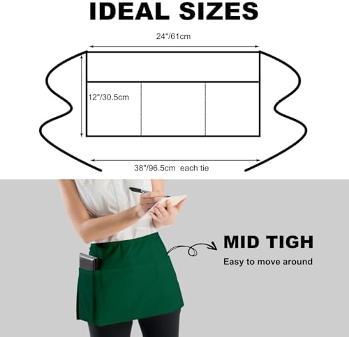 PLOYMONO 3P Green Server Apron with 3 Pockets, Short Waist Waitress Apron | Polyester Short Waiter Apron with 3 Deep Pockets, Great for Restaurant Servers, Bartenders, Hosts, Baristas - Image 4