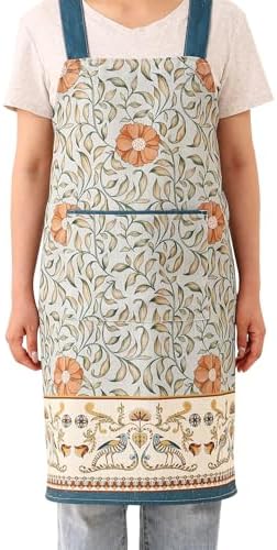 patdrea Blue Floral Linen Apron with Pocket,French Kitchen Garden Chef BBQ Aprons for Women and Men,Crisscross Back Straps - Image 2