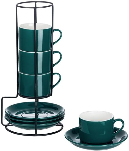 4oz Porcelain Stackable Espresso Cups with Saucers and Metal Stand Set of 4, Stackable Espresso Cups Set of 4, Green Expresso Shots Cup Set for Coffee Drinks, Cappuccino Latte, Americano, Tea
