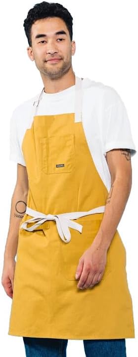 Caldo Daily Cotton Kitchen Apron for Cooking- Mens and Womens Professional Chef or Server Bib Apron - Adjustable Straps with Pockets and Towel Loop (Mustard) by Caldo