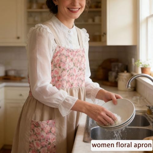 Uaussi Cotton Linen Apron Cross Back Work Apron for Women with Pockets Pinafore Dress X Cross Halter Apron for Chef Gardening - Image 4