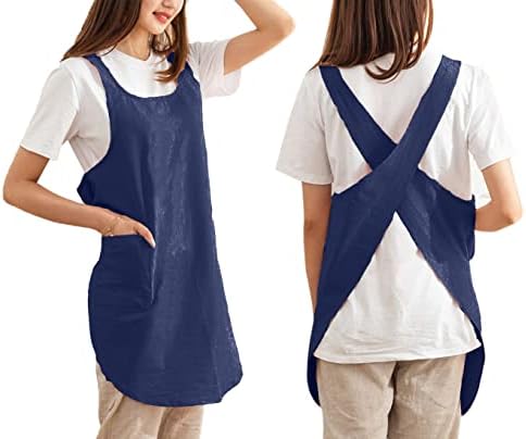 Cotton Cross Back Aprons Solid Color Cooking Kitchen Garden Smock for Women Girls with Pockets by Caatoor