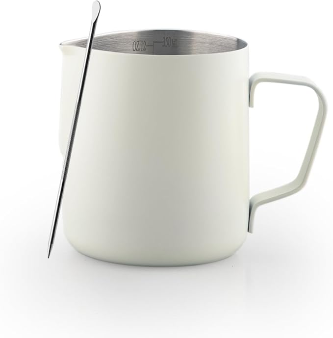 Milk Frother Cup, 12oz/350ml Milk Pitcher, Thickened 304 Stainless Steel Milk Frothing Pitcher for Espresso Coffee, Milk(White)