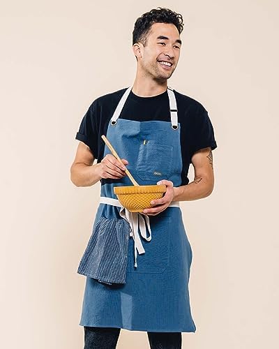 Caldo Linen Kitchen Apron for Cooking- Mens and Womens Linen Bib Apron for Professional Chef, Server, or Barista- Adjustable with Pockets (Vintage Blue) - Image 3