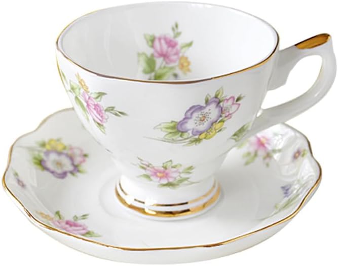 British Bone China Coffee Cup with Saucer and Spoon for Latte Americano Cups with Saucer Porcelain Tea Cup Set, Cups and Saucers 3 Piece Set（6.8oz） (A-white)