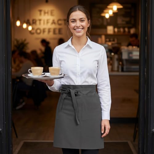 Half Apron for Women Men Cotton Linen with 2 Large Pockets Waist Short Bistro Server Aprons Waiter Waitress Unisex - Image 3