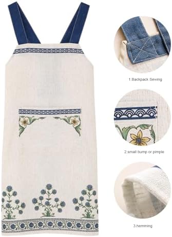 patdrea Blue Floral Linen Apron with Pocket,French Kitchen Garden Chef BBQ Aprons for Women and Men,Crisscross Back Straps - Image 4