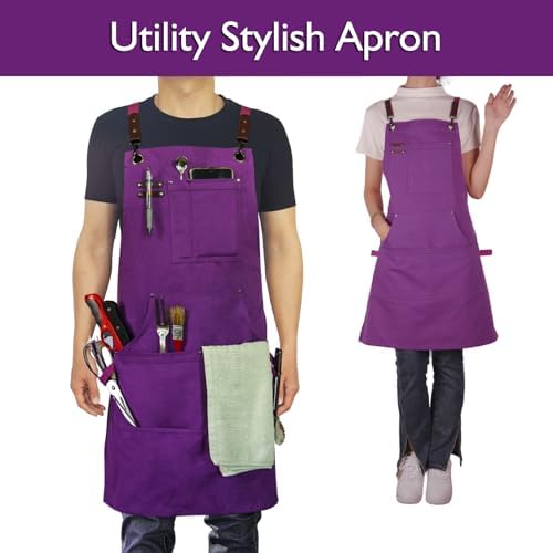 10 Pack Kitchen Apron, Work Apron, Canvas Apron, Purple | Multiple Pockets, Gardening, Painting, BBQ, Artist, Carpenter, Sizes M to XXL - Image 2