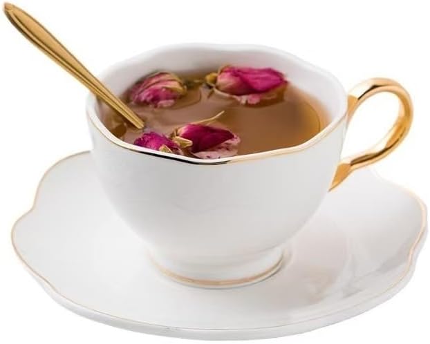 British Coffee Cup 3 Piece Set（6.8oz） Household Fashional Tea Cup with Saucer Spoon (white-A)