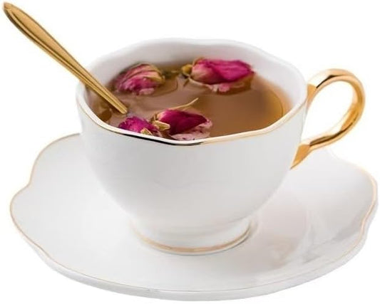 British Coffee Cup 3 Piece Set（6.8oz） Household Fashional Tea Cup with Saucer Spoon (white-A)