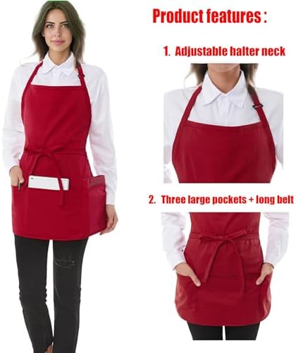 Chef Apron 3 Pocket Short Apron Adjustable Halter Apron Waitress Apron Kitchen Aprons for Cooking Women - Image 3