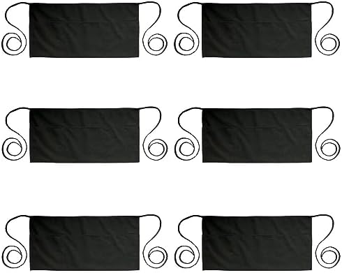 PLOYMONO 6P Black Server Apron with 3 Pockets, Short Waist Waitress Apron | Polyester Short Waiter Apron with 3 Deep Pockets, Great for Restaurant Servers, Bartenders, Hosts, Baristas by PLOYMONO