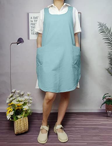 Cotton Cross Back Aprons Solid Color Cooking Kitchen Garden Smock for Women Girls with Pockets - Image 4
