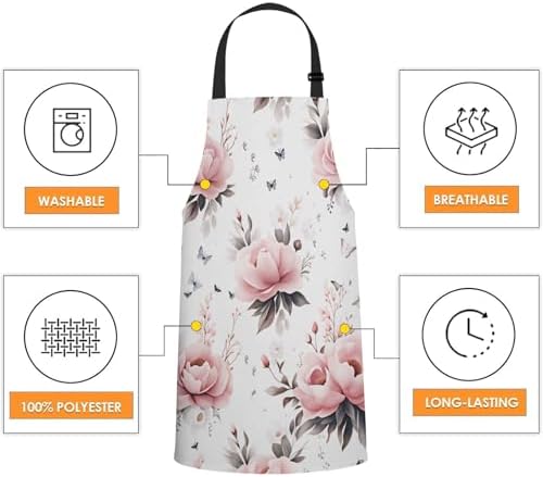 Watercolor Floral Apron for Women Men, Adjustable Apron Cooking Kitchen Chef Apron for Home Kitchen, Baking Gardening BBQ, Coffee House, Restaurant - Image 4
