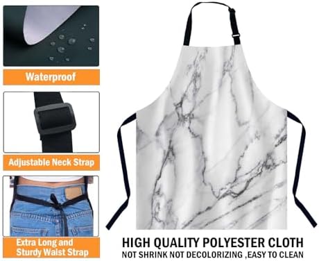 White Marble Texture Waterproof Apron Kitchen Chef Aprons Bibs for Grooming Cooking Baking Painting Gardening - Image 3