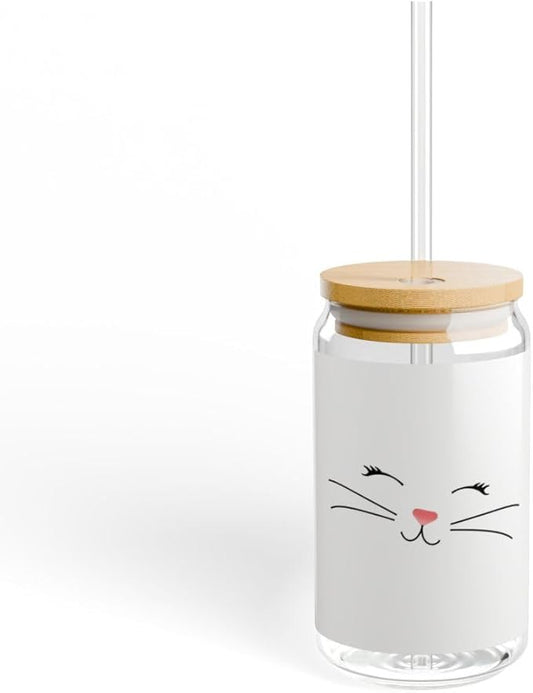 3dRose Too Cute White Kitty Cat Face Nose and Whiskers 16oz Sipper Glass with Bamboo Lid and Straw