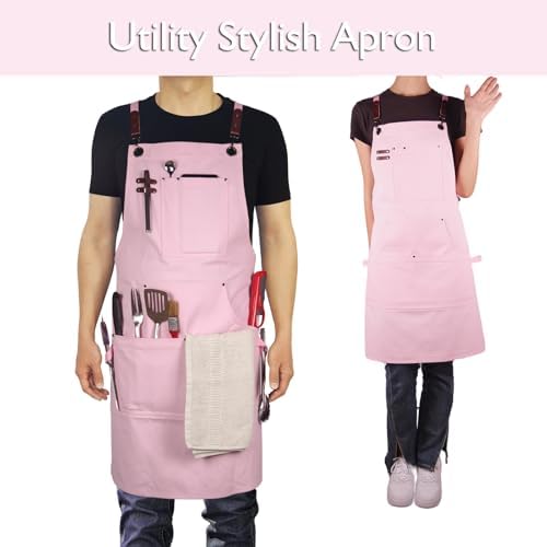 10 Pack Kitchen Apron, Work Apron, Canvas Apron, Pink | Multiple Pockets, Gardening, Painting, BBQ, Artist, Carpenter, Sizes M to XXL - Image 2
