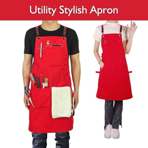 Kitchen Apron, Work Apron, Canvas, Multiple Pockets, Gardening, Painting, BBQ, Artist, Carpenter, Sizes M to XXL, Red | Multiple Pockets, Gardening, Painting, BBQ, Artist, Carpenter, Sizes M to XXL - Image 2