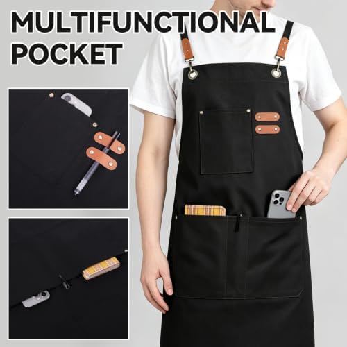 NLUS Chef Aprons for Men Women with 4 Pockets, Water Repellent Cotton Canvas Cross Back Apron - Image 5