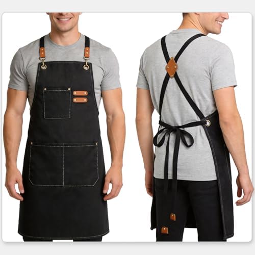 Chef Aprons for Men Women with Large Pockets Heavy Duty Cotton Canvas Cross Back Apron - Image 6
