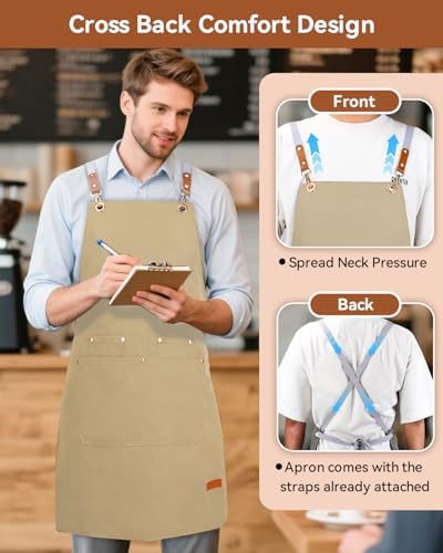 Teskyer Canvas Kitchen Apron with 4 Pockets | Cross Back or Adjustable Strap Design, 4 Utility Pockets, Water & Oil Resistant Fabric for Cooking Gardening & Crafts - Image 6