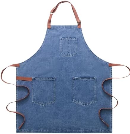 Cotton Denim Apron Soft - Unisex Adjustable Bib Apron with 5-Pockets Perfect for Kitchens by Tobyan