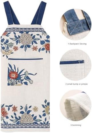 patdrea Blue Floral Linen Apron with Pocket,French Kitchen Garden Chef BBQ Aprons for Women and Men,Crisscross Back Straps - Image 4