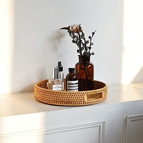 Coffee Table Tray Round Rattan Ottoman Tray Woven Serving Trays with Handles for Home and Kitchen Decorative Natural (Large 14 inch x 2.4 inch)