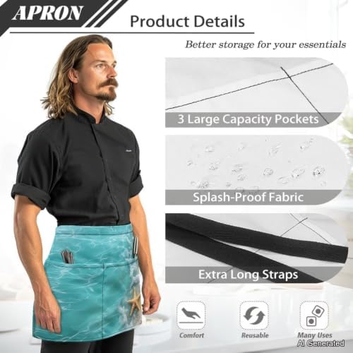 Server Apron with 3 Pockets 13 Inch Short Half Waist Aprons Waterproof Cooking Aprons for Women Men - Image 6