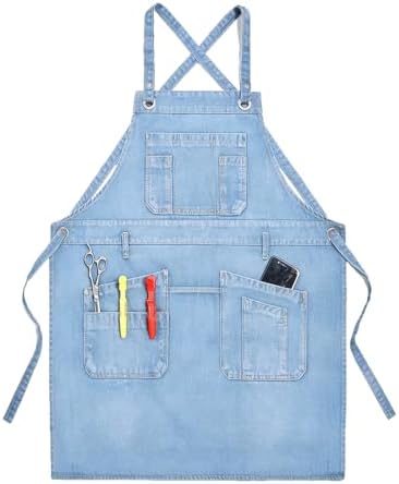 Denim Apron with Big Pockets Adjustable Cooking Apron Jean for Hair Stylist Gardening Craftsmen Barista Hairdresser by Unknown