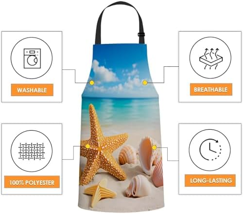 Starfish and Seashells on the Beach Bib Apron with Adjustable Neck for Men Women,Suitable for Kitchen Cooking Chef Grill Bistro BBQ Apron - Image 4
