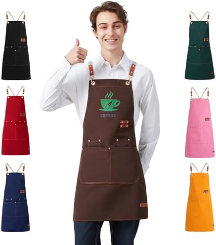 Personalized Waterproof Canvas Apron Custom Logo - Heavy Duty Cross Back 4 Pockets for Men Women Chef Barista by Gloryage