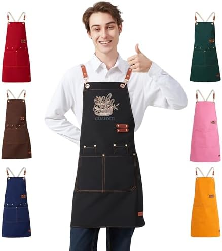 Personalized Waterproof Canvas Apron Custom Logo - Heavy Duty Cross Back 4 Pockets for Men Women Chef Barista by Gloryage