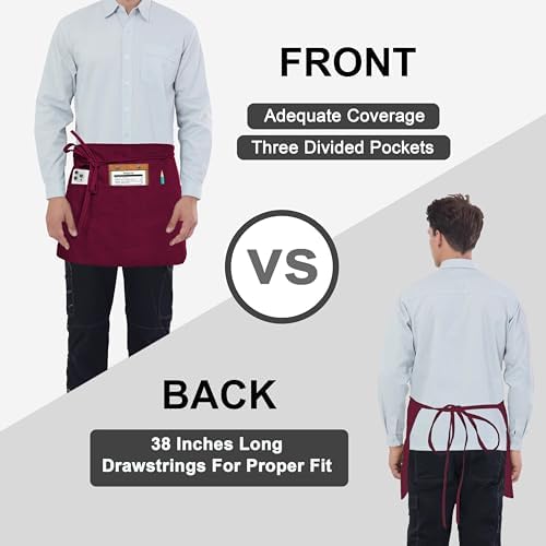 PLOYMONO 12P Burgundy Server Apron with 3 Pocket,Short Waist Waitress Apron | Polyester Short Waiter Apron with 3 Deep Pockets, Great for Restaurant Servers, Bartenders, Hosts, Baristas - Image 5