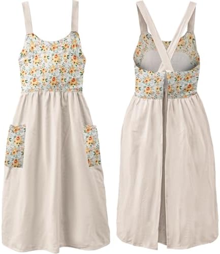 Uaussi Cotton Linen Apron Cross Back Work Apron for Women with Pockets Pinafore Dress X Cross Halter Apron for Chef Gardening by Uaussi
