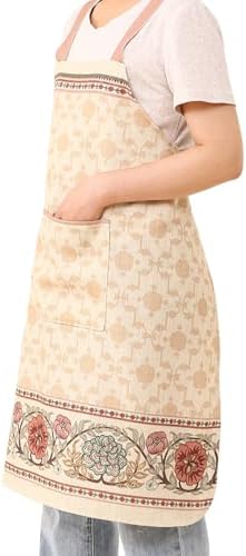 patdrea Blue Floral Linen Apron with Pocket,French Kitchen Garden Chef BBQ Aprons for Women and Men,Crisscross Back Straps - Image 3