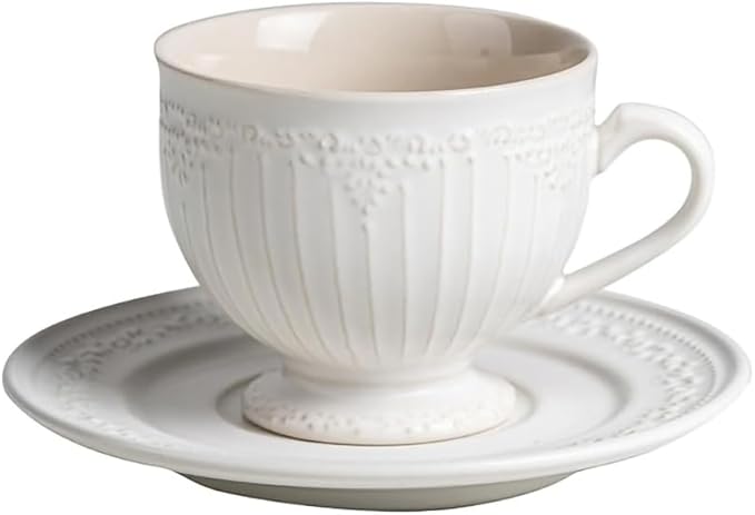 WAIT FLY Vintage Embossed Ceramic Coffee Mug with Saucer Set, Espresso Cup, Tea Cup, Breakfast Cup and Dessert Plate-White-8 OZ