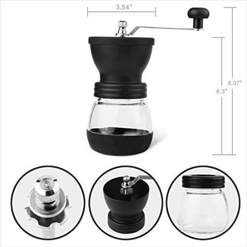 Manual Coffee Grinder with Ceramic Burr and Glass Container for Espresso Beans