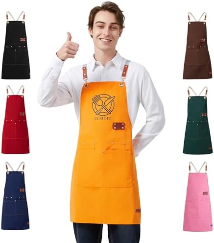 Personalized Waterproof Canvas Apron Custom Logo - Heavy Duty Cross Back 4 Pockets for Men Women Chef Barista by Gloryage
