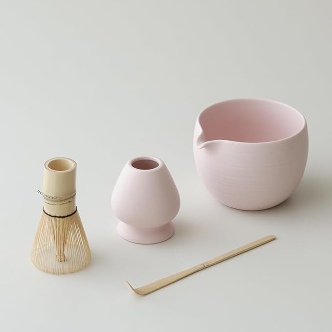 Matcha Whisk Set, Ceramic Matcha Bowl & Whisk Holder, Bamboo Accessory, Modern Design (Matte Crème, Pouring Spout) (Matte Soft Pink)