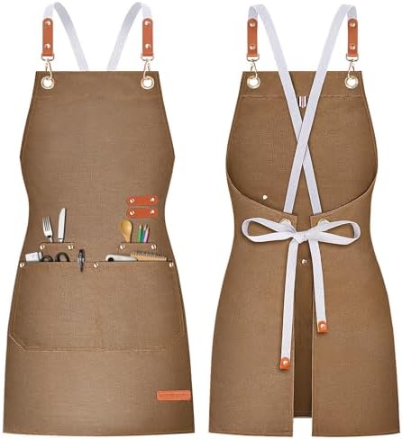Teskyer Canvas Kitchen Apron with 4 Pockets | Cross Back or Adjustable Strap Design, 4 Utility Pockets, Water & Oil Resistant Fabric for Cooking Gardening & Crafts by TESKYER