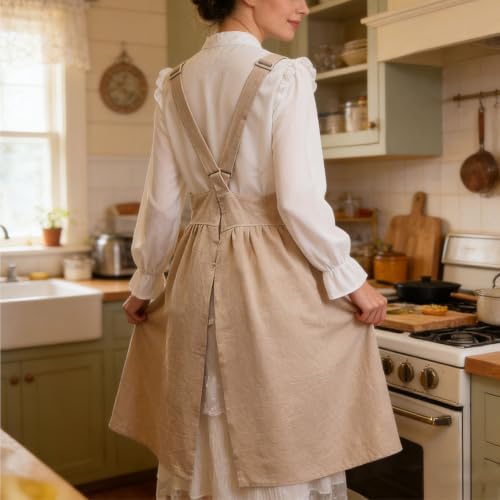 Uaussi Cotton Linen Apron Cross Back Work Apron for Women with Pockets Pinafore Dress X Cross Halter Apron for Chef Gardening - Image 5