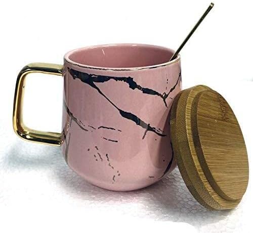 YBK Tech Porcelain Tea Cup Coffee Mug Set for Afternoon Tea - Marble Pattern (Pink, Tall 400ml + wood lid)