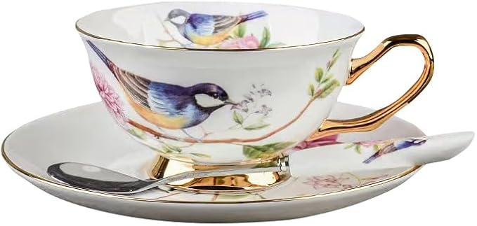 British Coffee Cup 3 Piece Set（6.8oz） Household Fashional Tea Cup with Saucer Spoon (white-magpie)