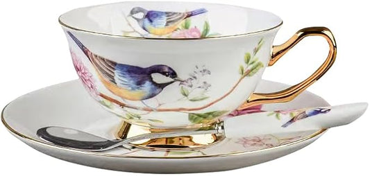British Coffee Cup 3 Piece Set（6.8oz） Household Fashional Tea Cup with Saucer Spoon (white-magpie)