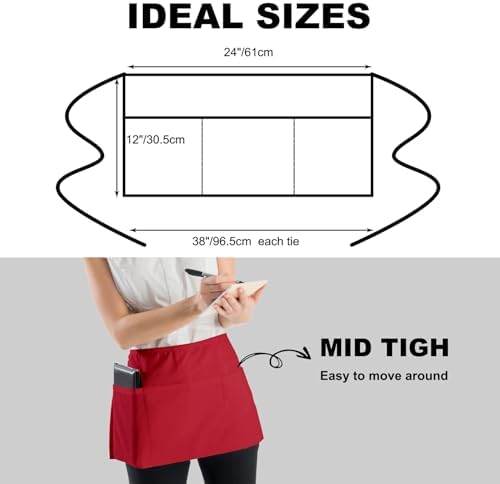 PLOYMONO 12P Red Server Apron with 3 Pockets, Short Waist Waitress Apron | Polyester Short Waiter Apron with 3 Deep Pockets, Great for Restaurant Servers, Bartenders, Hosts, Baristas - Image 4