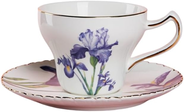Bone China Tea Cup Set with Saucer and Spoon, 3 Piece, 7oz, Cappuccino and Latte Cups, Porcelain, British Style, Mother's Day Gift (Purple Iris)